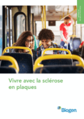 A Biogen brochure on living with MS, showing a woman and a man sitting on a bus