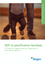 A Biogen brochure on family planning while living with MS, showing a parent helping their child walk