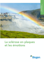 A Biogen brochure on emotions when living with MS, showing a rainbow over a waterfall