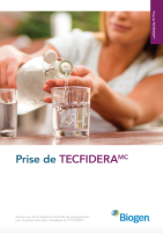 A Biogen brochure on taking TECFIDERA, showing a woman pouring a glass of water
