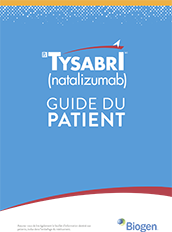 A Biogen brochure on understanding TYSABRI, showing a group of people sitting and using phones, tablets and a laptop
