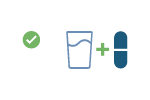 A visual representation of taking your dose with water, showing a glass of water with a pill